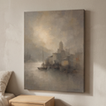 Sailboat In Sea Fog Canvas — beach house decor, bedroom decor, canvas wall art shown on a wall in a styled interior, view C8 (coastal seascape) | BloomWorld Art
