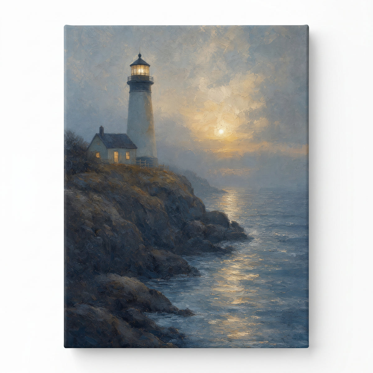 Lighthouse At Dusk Canvas — beach house decor, bedroom decor, canvas wall art shown on a wall in a styled interior, view C1 (coastal seascape) | BloomWorld Art