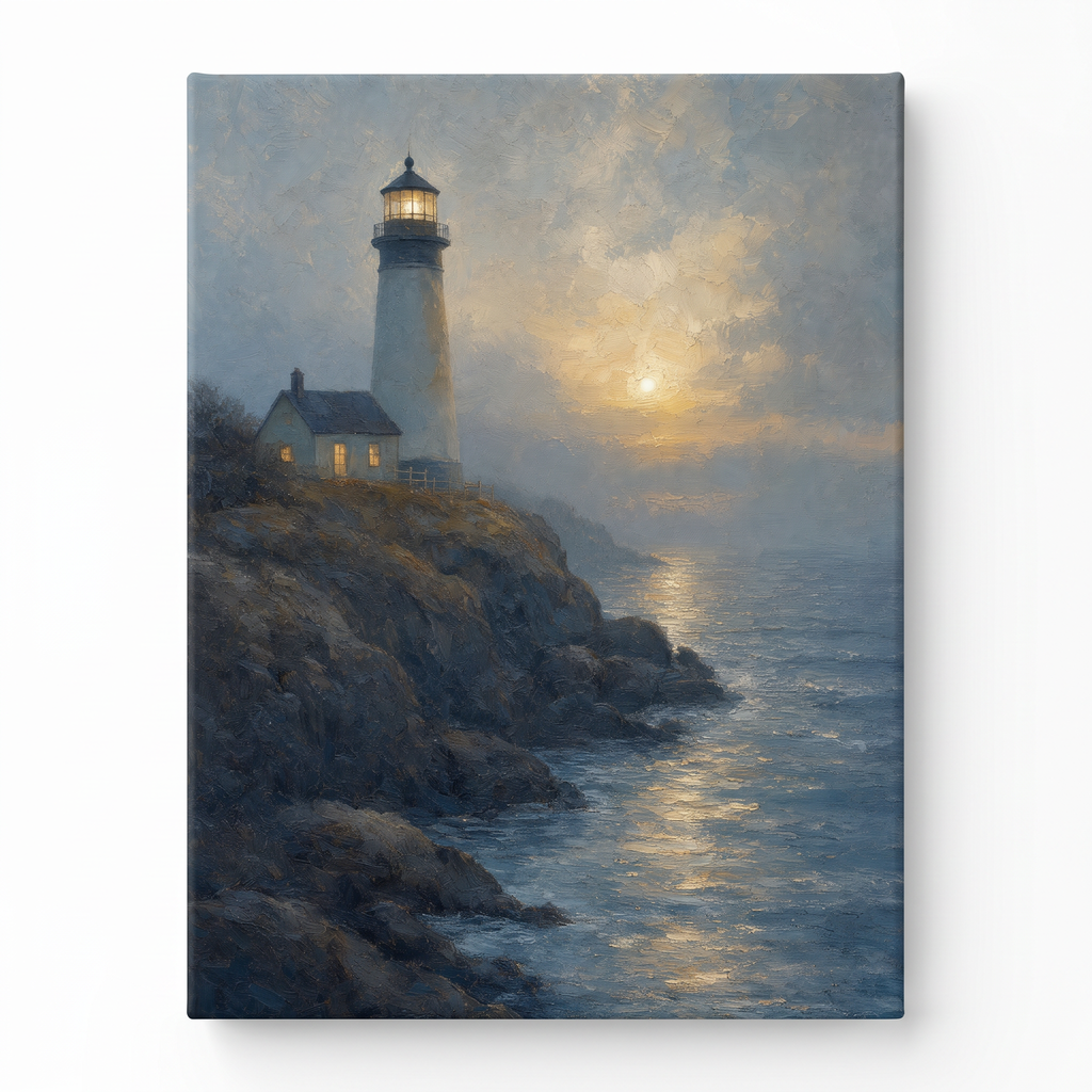 Lighthouse At Dusk Canvas — beach house decor, bedroom decor, canvas wall art shown on a wall in a styled interior, view C1 (coastal seascape) | BloomWorld Art