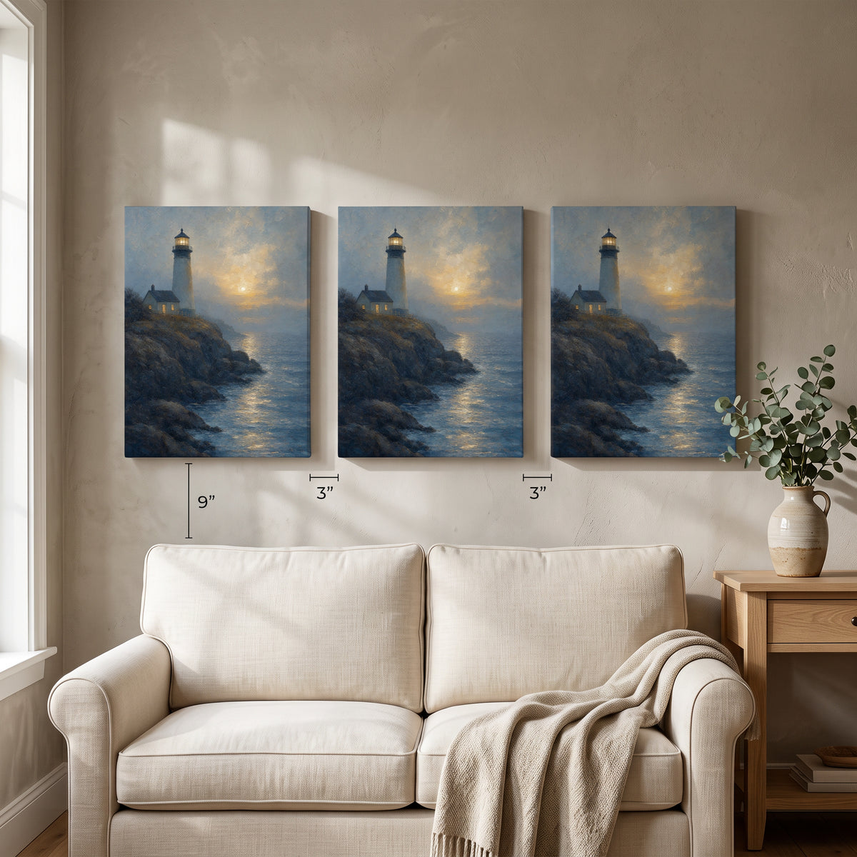 Lighthouse At Dusk Canvas — beach house decor, bedroom decor, canvas wall art shown on a wall in a styled interior, view C3 (coastal seascape) | BloomWorld Art
