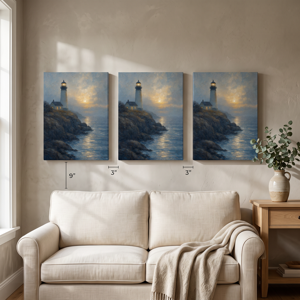 Lighthouse At Dusk Canvas — beach house decor, bedroom decor, canvas wall art shown on a wall in a styled interior, view C3 (coastal seascape) | BloomWorld Art