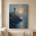 Lighthouse At Dusk Canvas — beach house decor, bedroom decor, canvas wall art shown on a wall in a styled interior, view C8 (coastal seascape) | BloomWorld Art