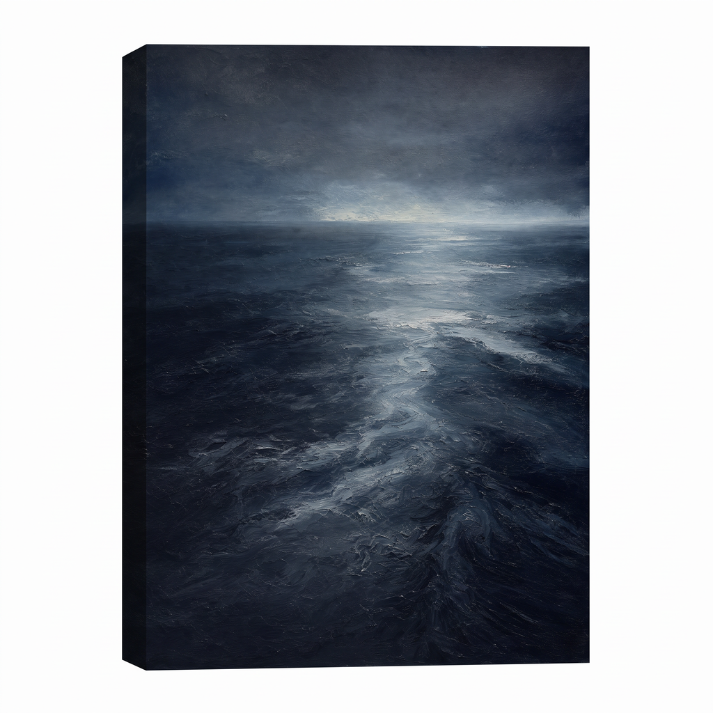 Dark Ocean Current Canvas — beach house decor, bedroom decor, canvas wall art shown on a wall in a styled interior, view C1 (coastal seascape) | BloomWorld Art