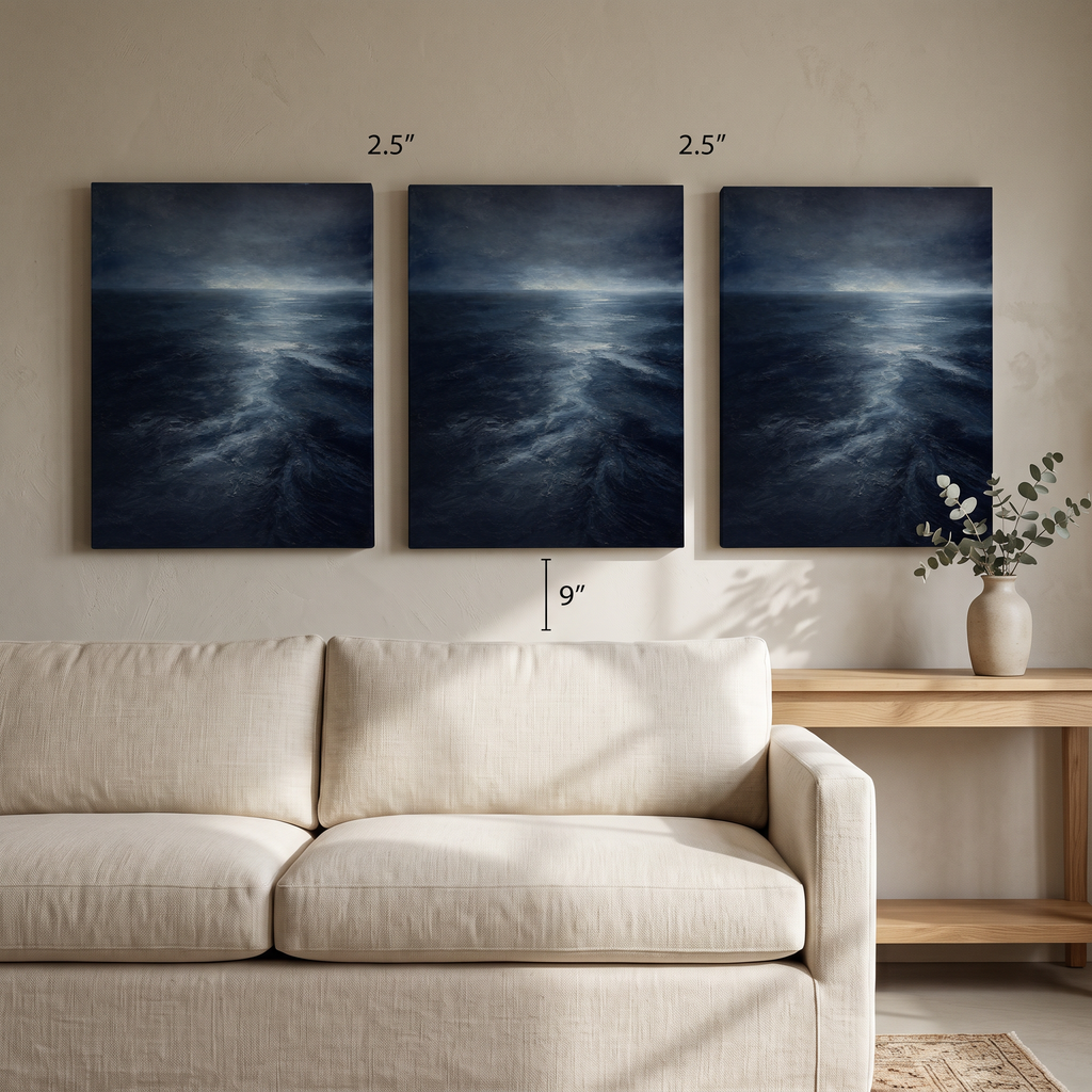 Dark Ocean Current Canvas — beach house decor, bedroom decor, canvas wall art shown on a wall in a styled interior, view C3 (coastal seascape) | BloomWorld Art