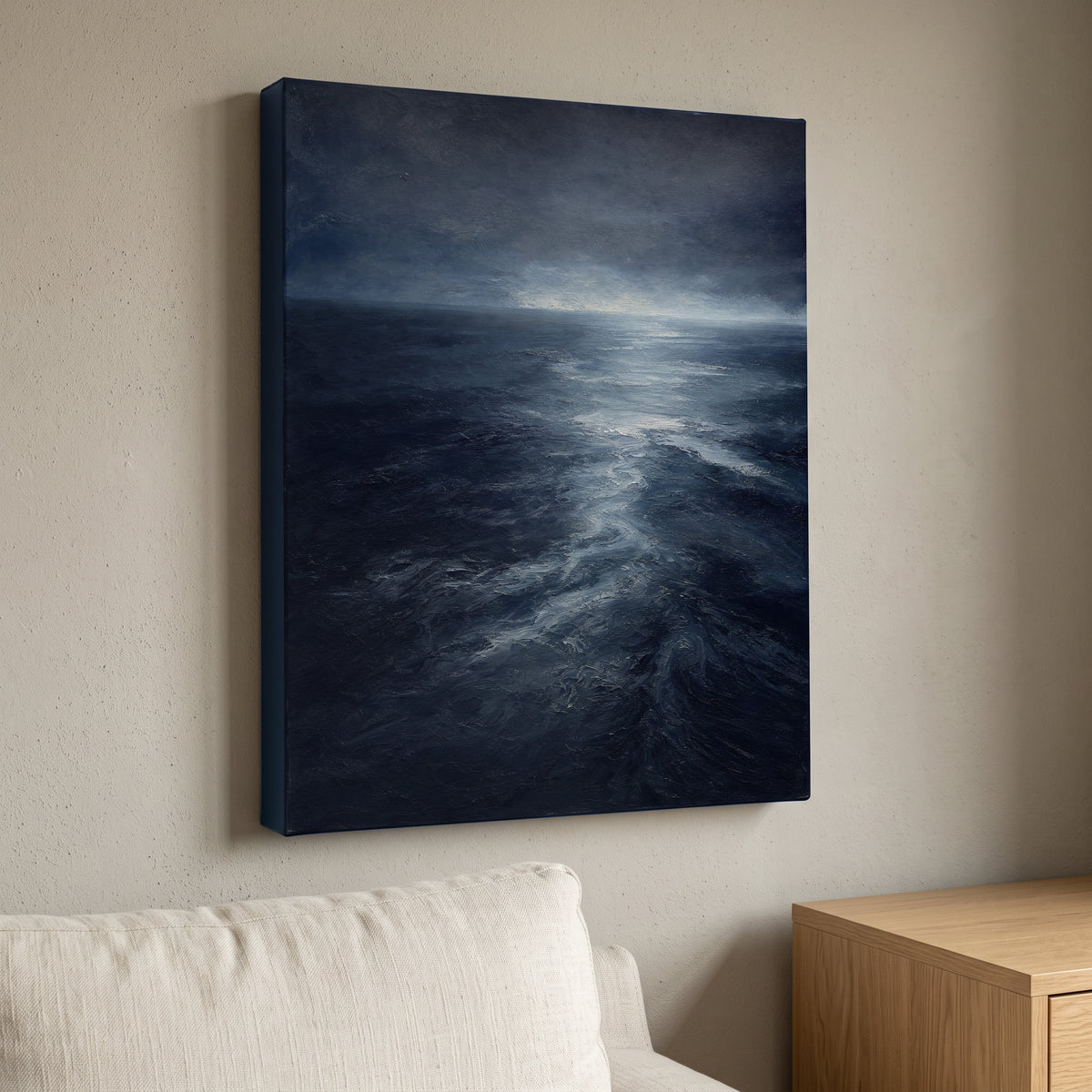 Dark Ocean Current Canvas — beach house decor, bedroom decor, canvas wall art shown on a wall in a styled interior, view C8 (coastal seascape) | BloomWorld Art