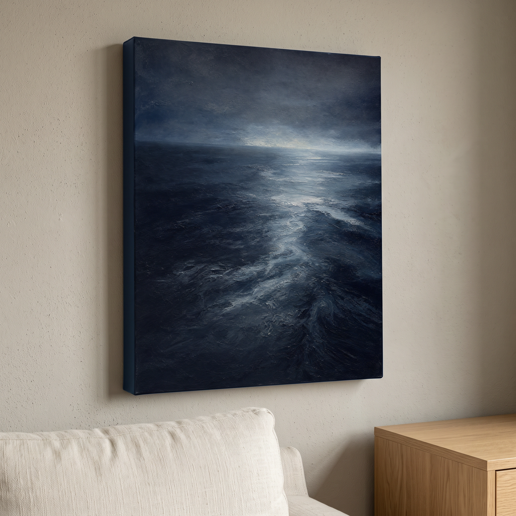 Dark Ocean Current Canvas — beach house decor, bedroom decor, canvas wall art shown on a wall in a styled interior, view C8 (coastal seascape) | BloomWorld Art