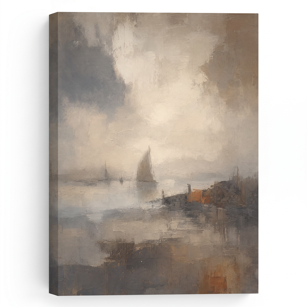 Sandy Shoreline Canvas — beach coastal wall art, beach house decor, canvas wall art shown on a wall in a styled interior, view C1 (coastal seascape) | BloomWorl