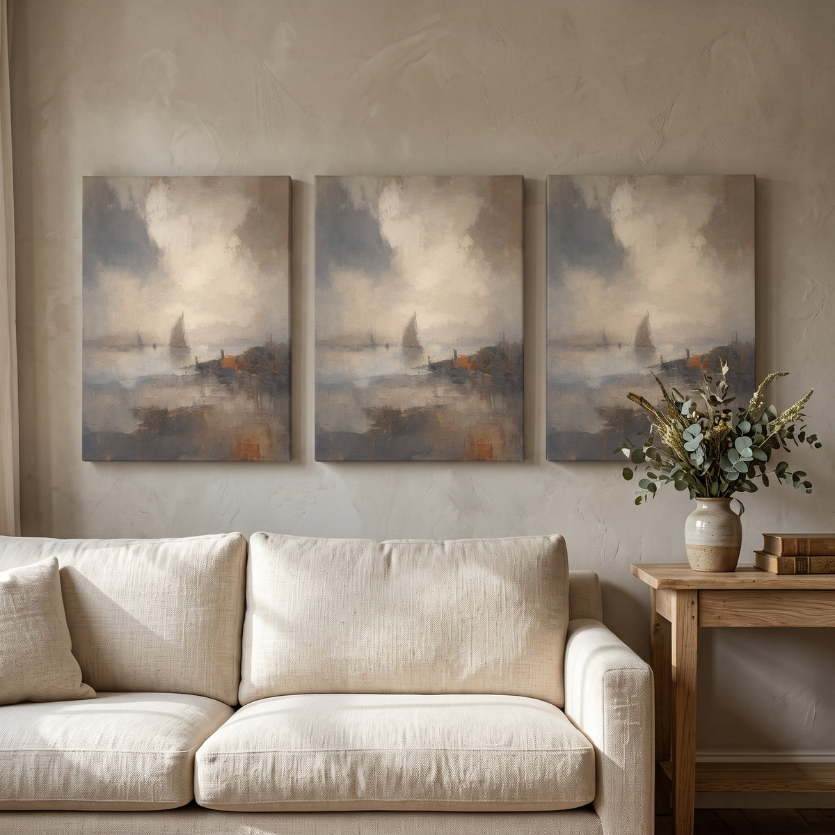 Sandy Shoreline Canvas — beach coastal wall art, beach house decor, canvas wall art shown on a wall in a styled interior, view C3 (coastal seascape) | BloomWorl