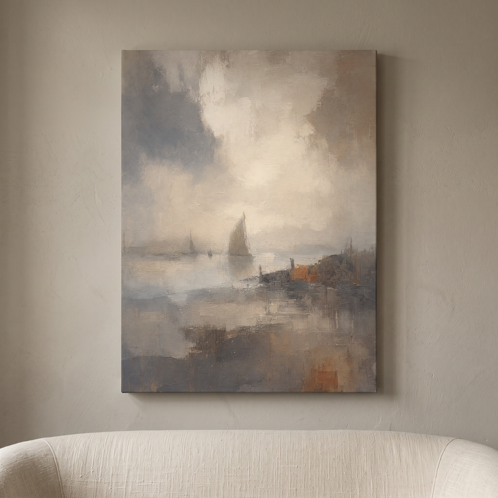 Sandy Shoreline Canvas — beach coastal wall art, beach house decor, canvas wall art shown on a wall in a styled interior, view C8 (coastal seascape) | BloomWorl