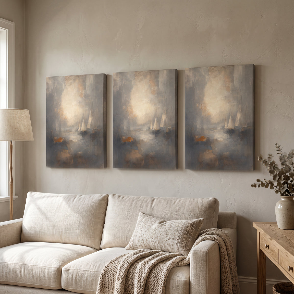 Sea Sky Horizon Canvas — beach house decor, bedroom decor, canvas wall art shown on a wall in a styled interior, view C3 (coastal seascape) | BloomWorld Art