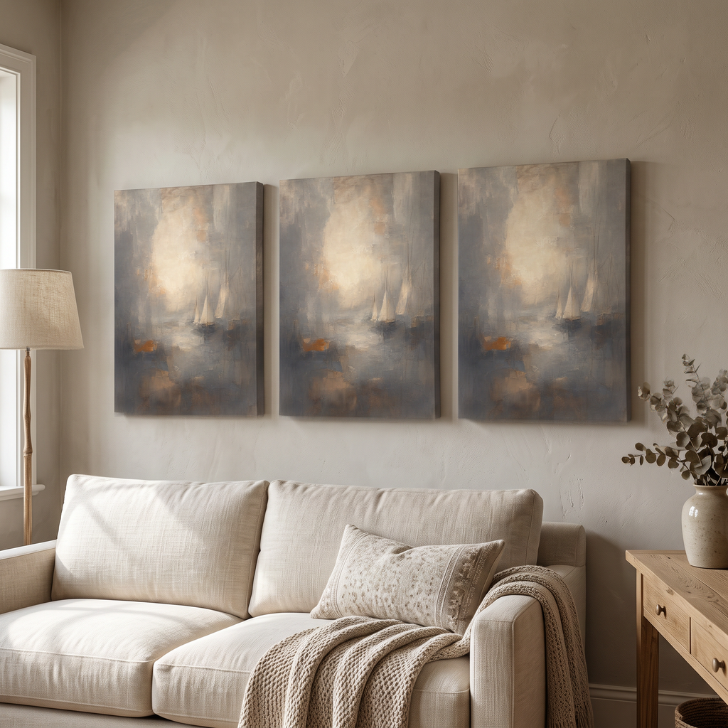 Sea Sky Horizon Canvas — beach house decor, bedroom decor, canvas wall art shown on a wall in a styled interior, view C3 (coastal seascape) | BloomWorld Art