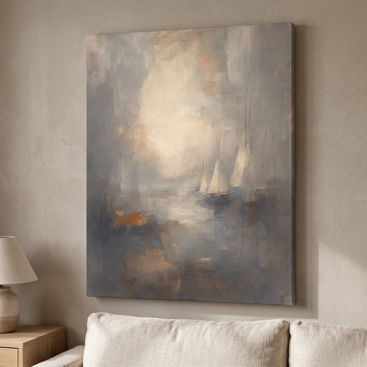 Sea Sky Horizon Canvas — beach house decor, bedroom decor, canvas wall art shown on a wall in a styled interior, view C8 (coastal seascape) | BloomWorld Art