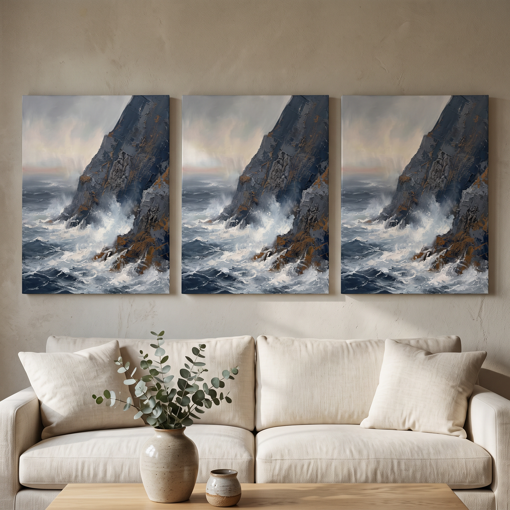 Large Coastal Wall Art for Living Room — beach wall art, blue sea wall art, canvas wall art shown on a wall in a styled interior, view C3 (coastal seascape) | B