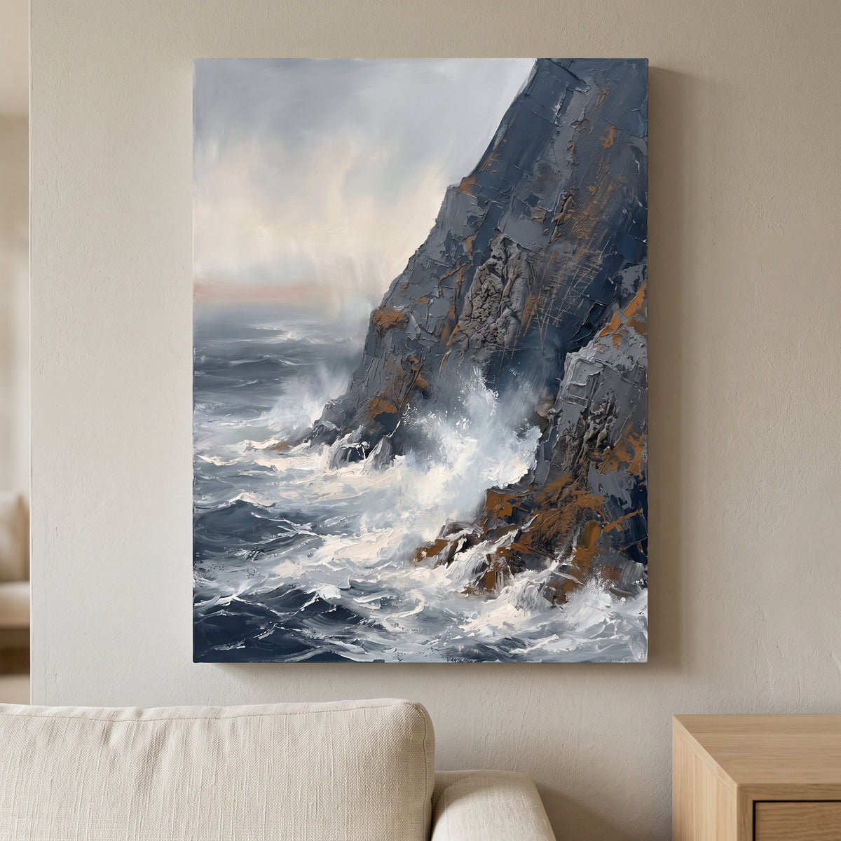 Large Coastal Wall Art for Living Room — beach wall art, blue sea wall art, canvas wall art shown on a wall in a styled interior, view C8 (coastal seascape) | B