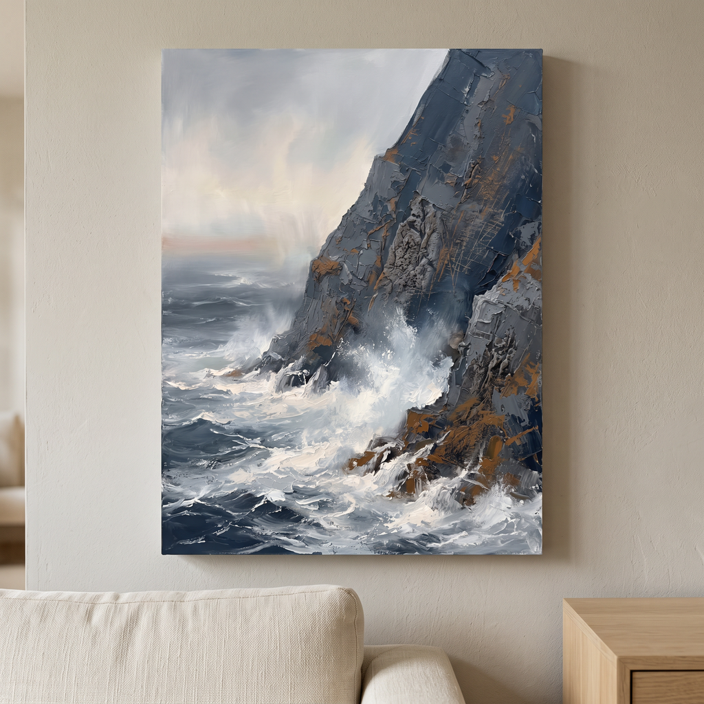 Large Coastal Wall Art for Living Room — beach wall art, blue sea wall art, canvas wall art shown on a wall in a styled interior, view C8 (coastal seascape) | B