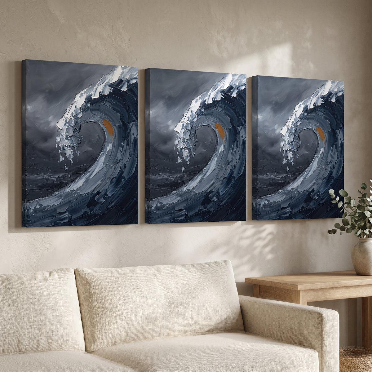 Navy Dark Ocean Wall Art — canvas wall art, coast canvas prints, canvas wall art shown on a wall in a styled interior, view C3 (coastal seascape) | BloomWorld A