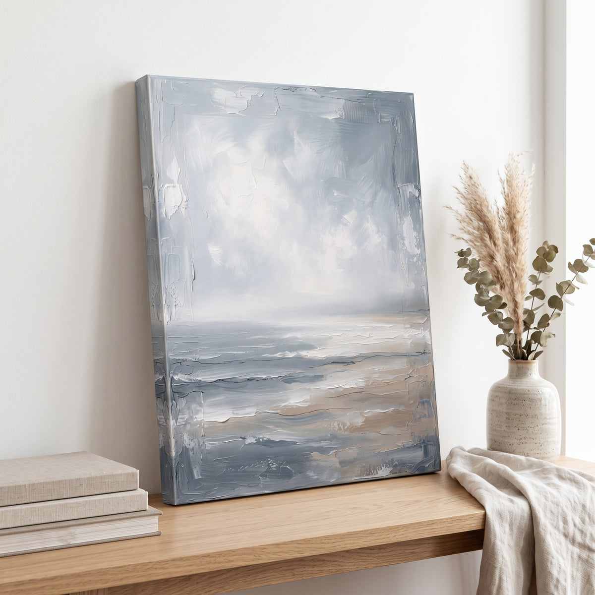 Blue Sea Wall Art — beach house decor, beach wall art, canvas wall art shown on a wall in a styled interior, view C10 (coastal seascape) | BloomWorld Art