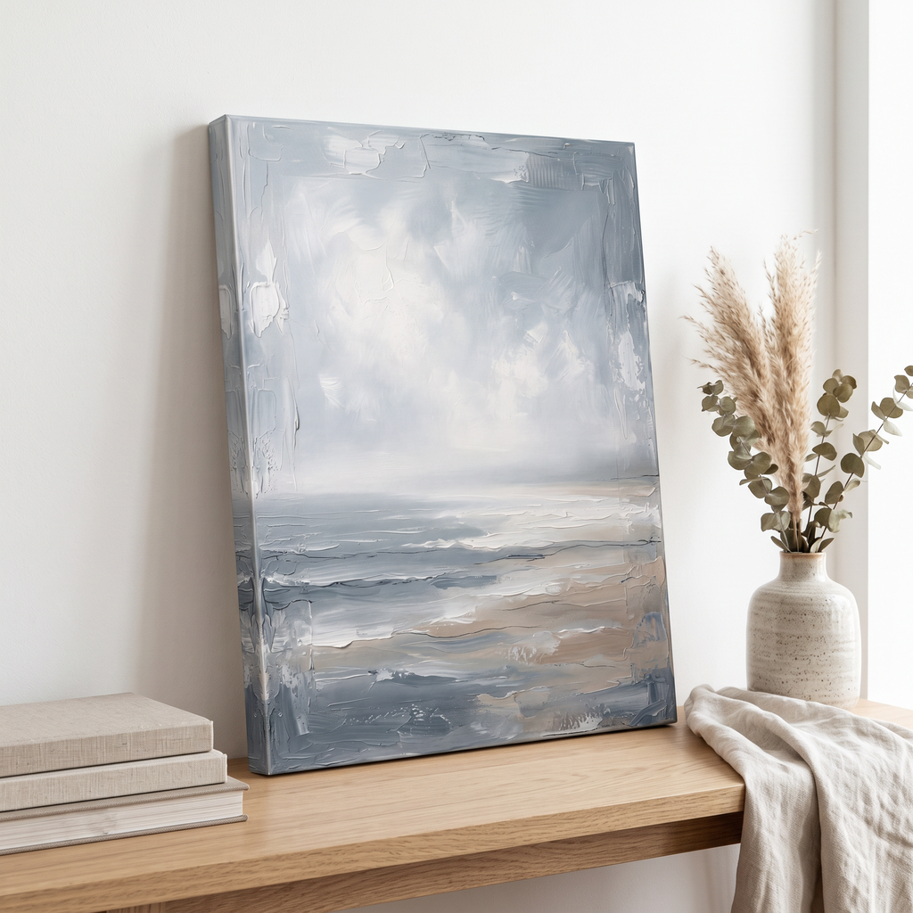 Blue Sea Wall Art — beach house decor, beach wall art, canvas wall art shown on a wall in a styled interior, view C10 (coastal seascape) | BloomWorld Art