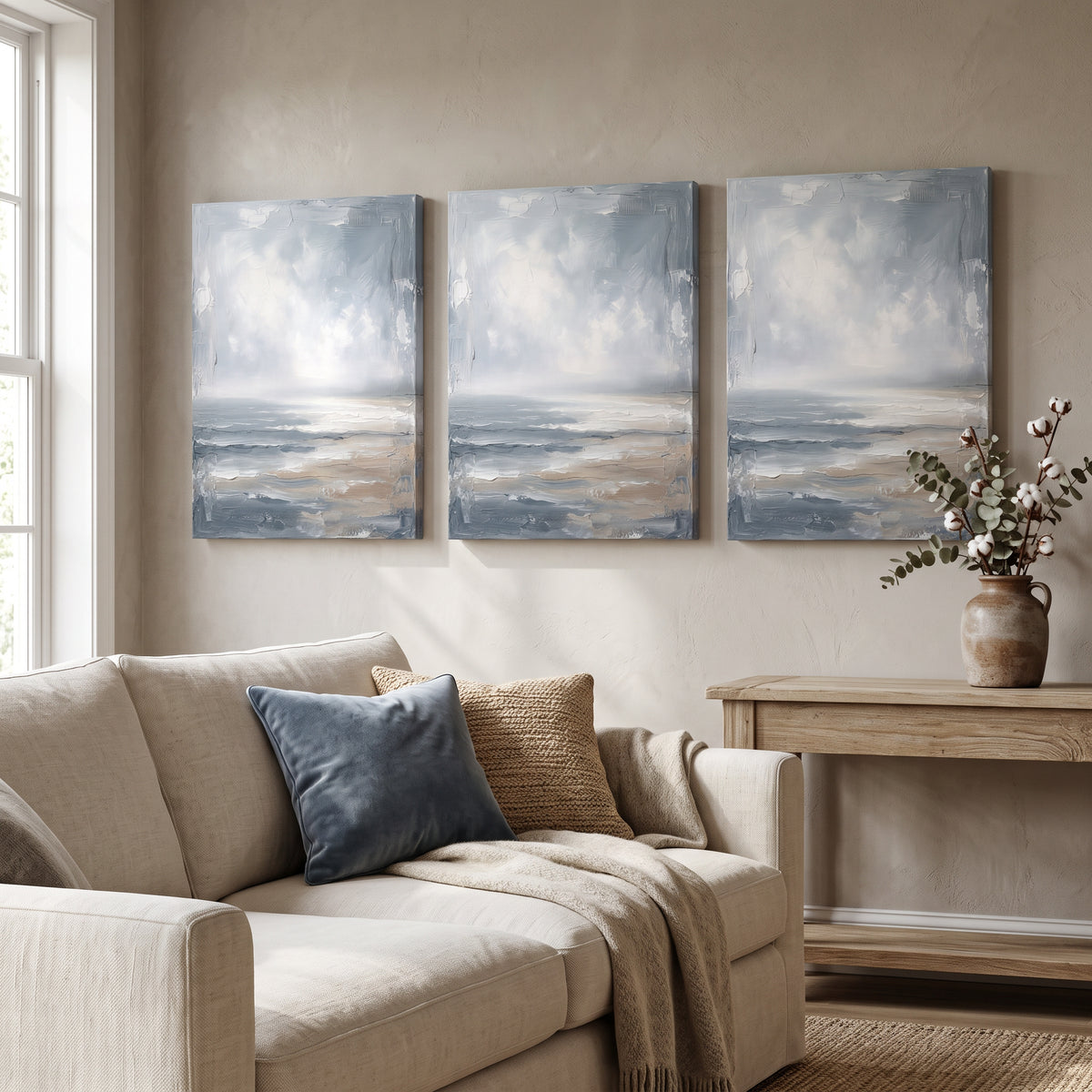 Blue Sea Wall Art — beach house decor, beach wall art, canvas wall art shown on a wall in a styled interior, view C3 (coastal seascape) | BloomWorld Art