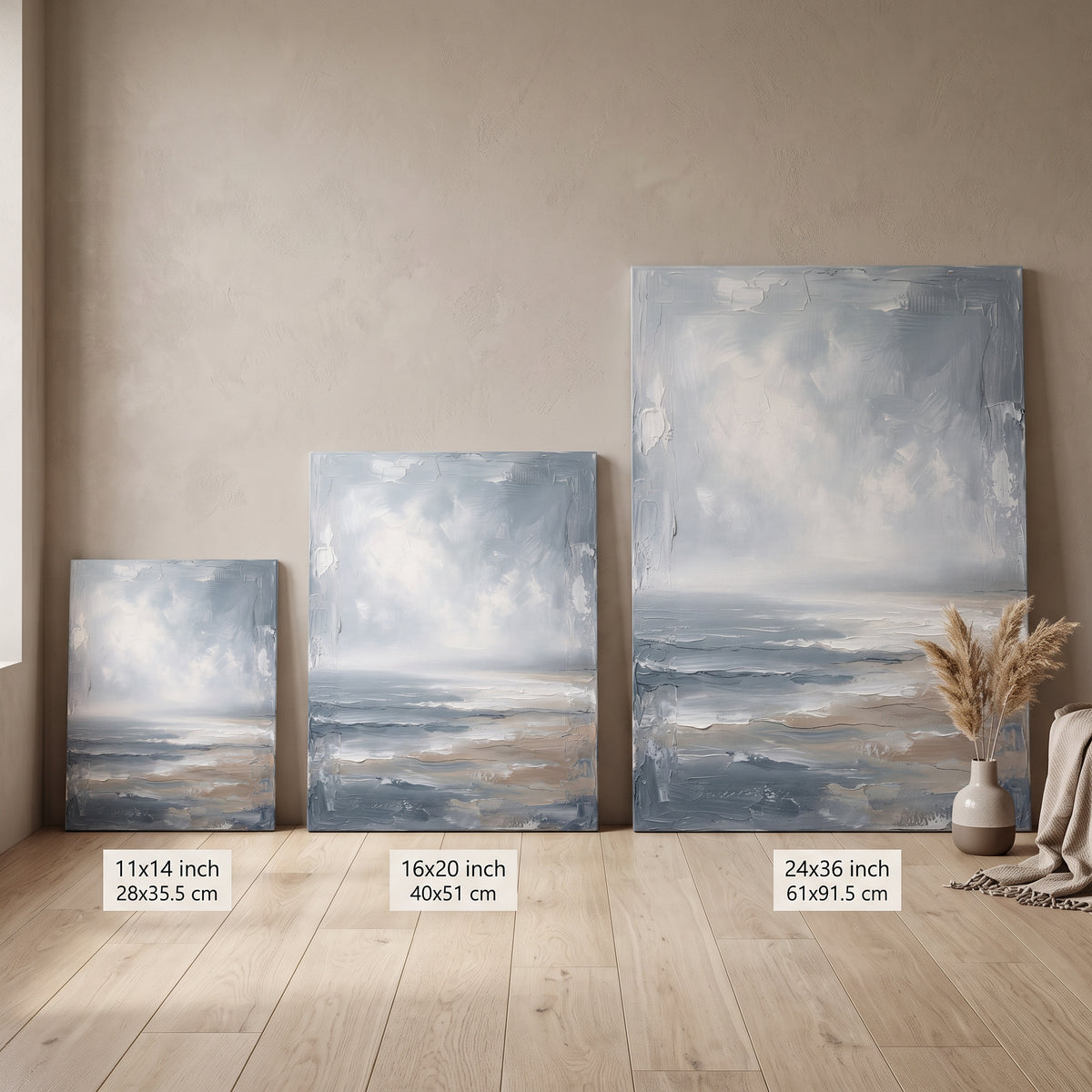 Blue Sea Wall Art — beach house decor, beach wall art, canvas wall art shown on a wall in a styled interior, view C7 (coastal seascape) | BloomWorld Art