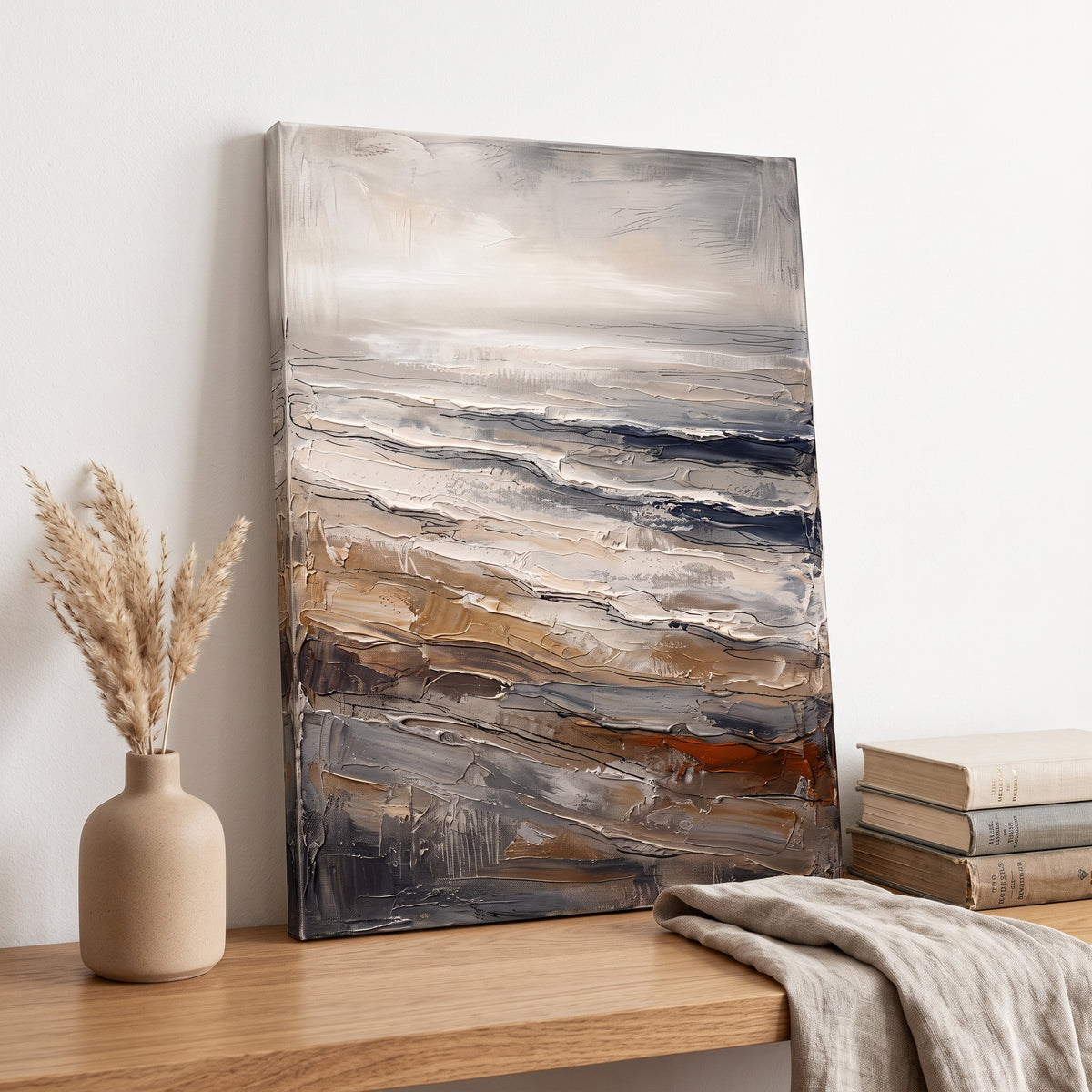 Giant Canvas Beach Bag — beach house decor, beach wall art, canvas wall art shown on a wall in a styled interior, view C10 (coastal seascape) | BloomWorld Art