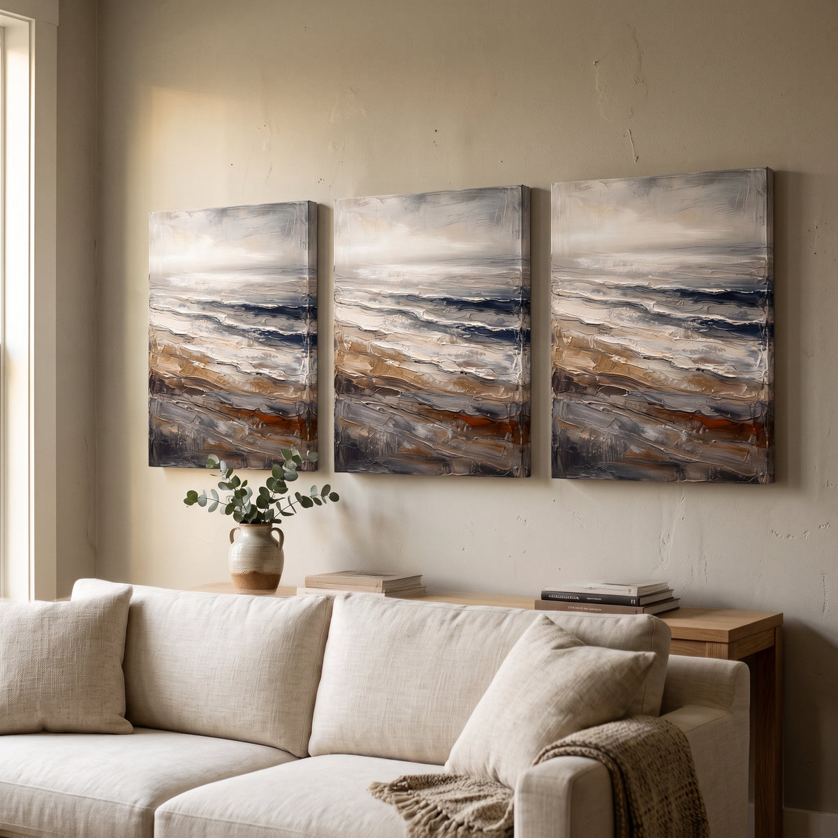 Giant Canvas Beach Bag — beach house decor, beach wall art, canvas wall art shown on a wall in a styled interior, view C3 (coastal seascape) | BloomWorld Art