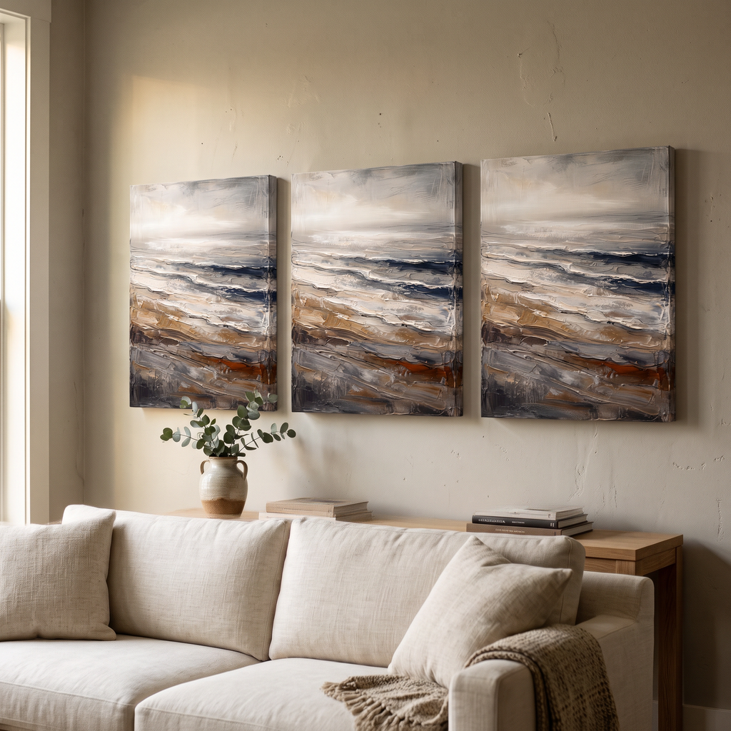 Giant Canvas Beach Bag — beach house decor, beach wall art, canvas wall art shown on a wall in a styled interior, view C3 (coastal seascape) | BloomWorld Art
