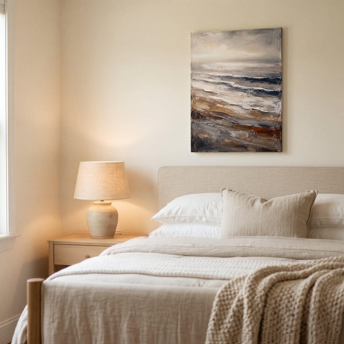 Giant Canvas Beach Bag — beach house decor, beach wall art, canvas wall art shown on a wall in a styled interior, view C4 (coastal seascape) | BloomWorld Art