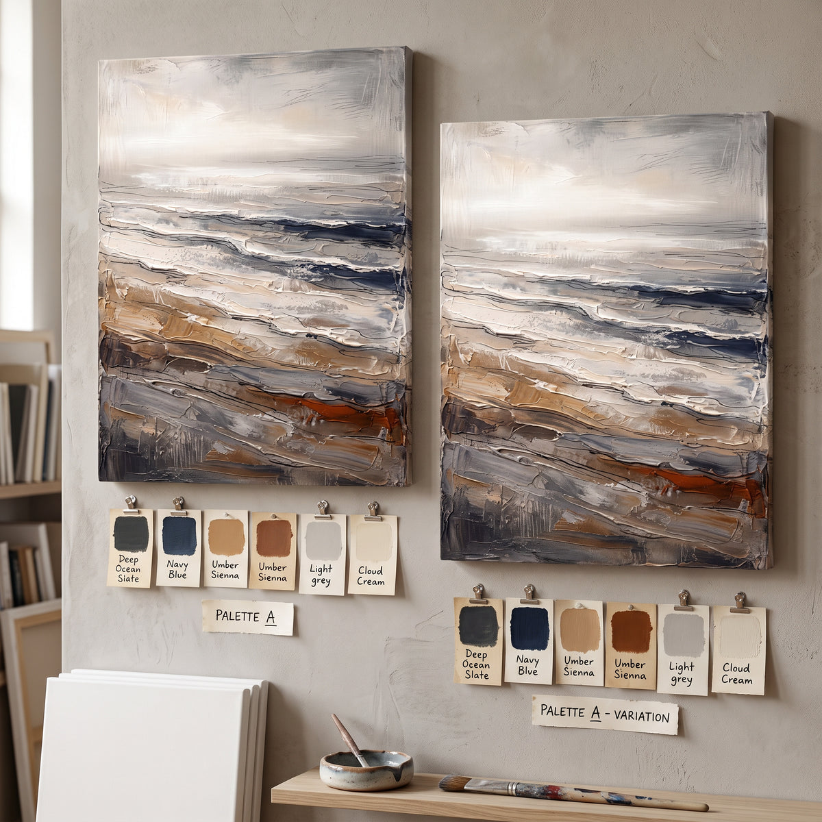 Giant Canvas Beach Bag — beach house decor, beach wall art, canvas wall art shown on a wall in a styled interior, view C5 (coastal seascape) | BloomWorld Art