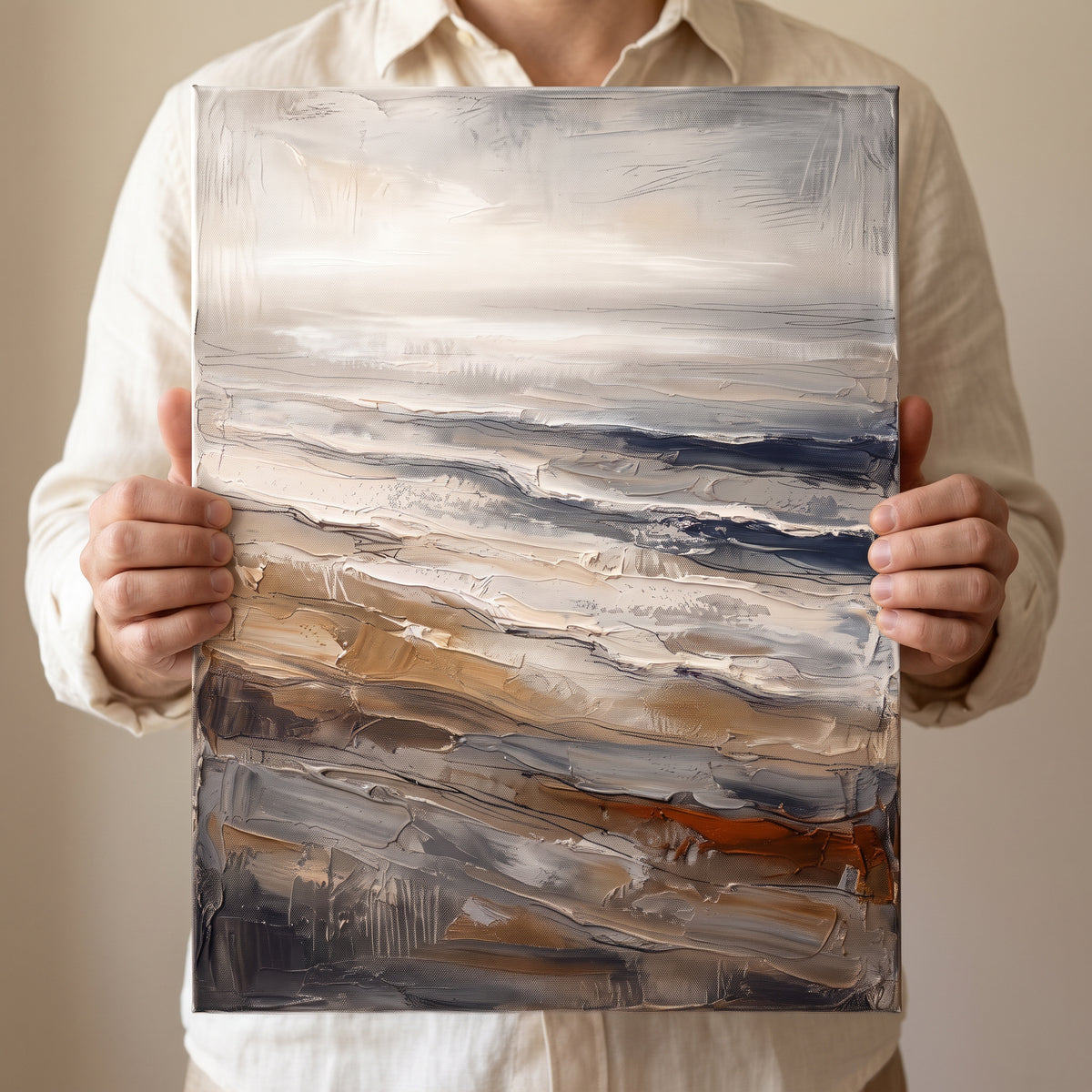 Giant Canvas Beach Bag — beach house decor, beach wall art, canvas wall art shown on a wall in a styled interior, view C6 (coastal seascape) | BloomWorld Art