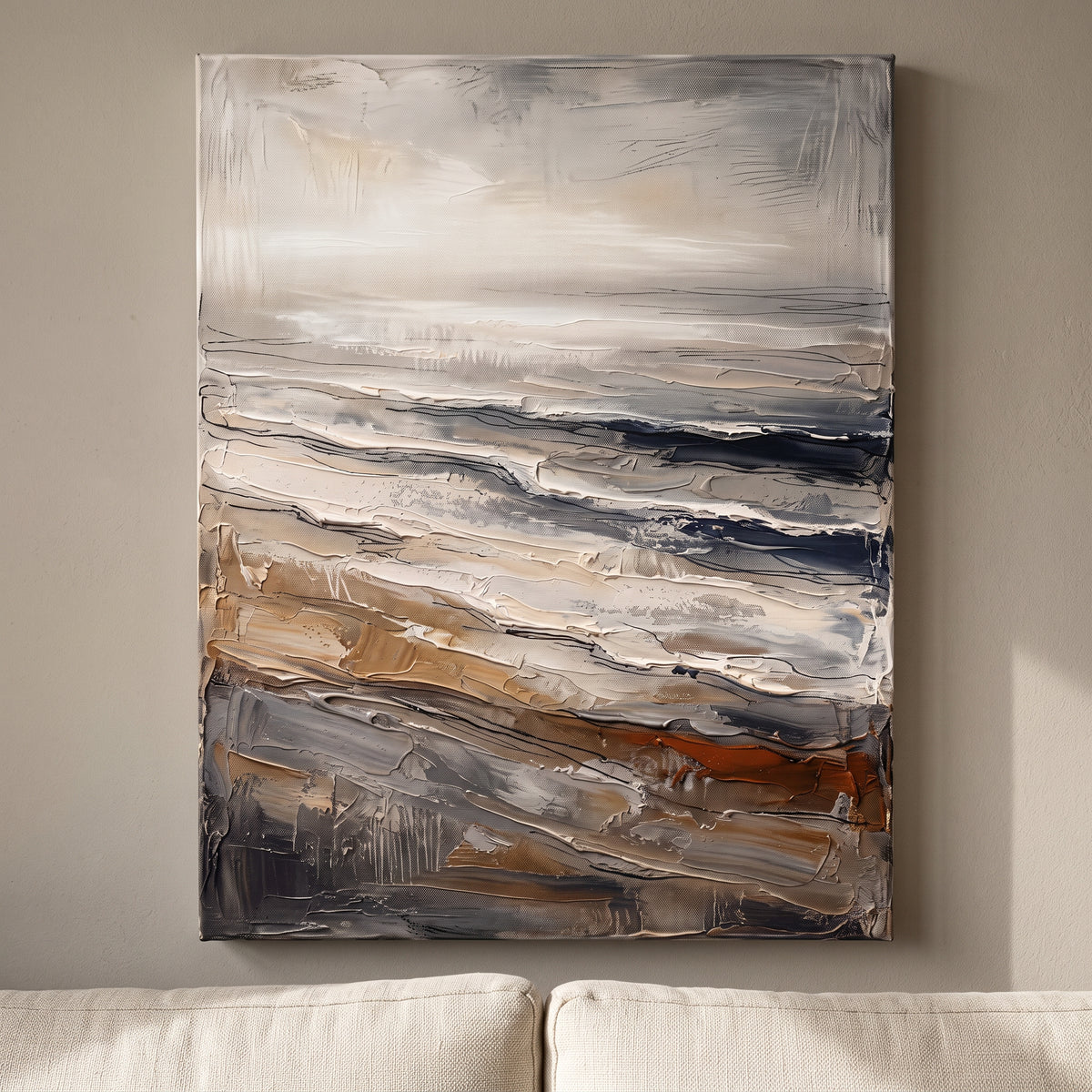 Giant Canvas Beach Bag — beach house decor, beach wall art, canvas wall art shown on a wall in a styled interior, view C8 (coastal seascape) | BloomWorld Art