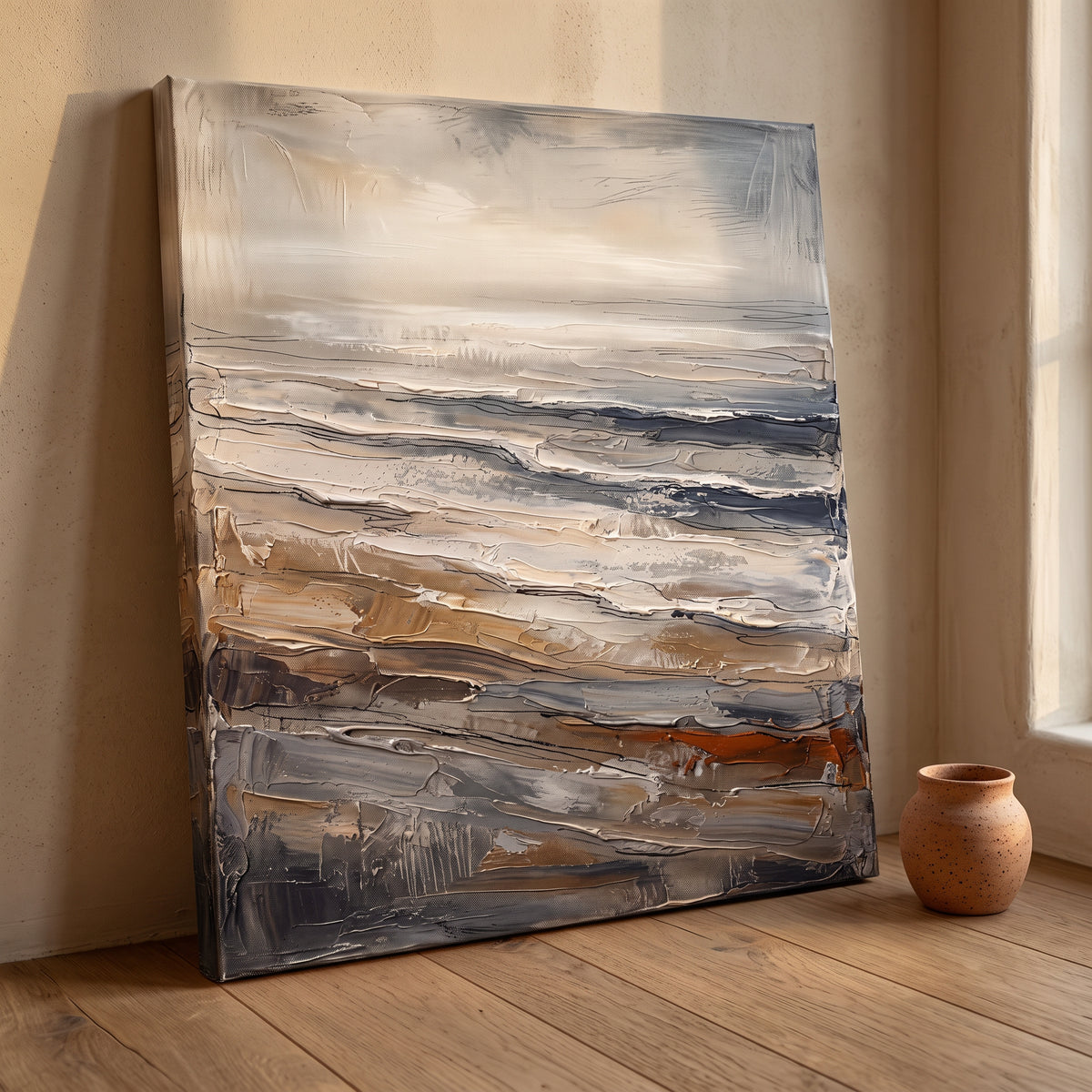 Giant Canvas Beach Bag — beach house decor, beach wall art, canvas wall art shown on a wall in a styled interior, view C9 (coastal seascape) | BloomWorld Art