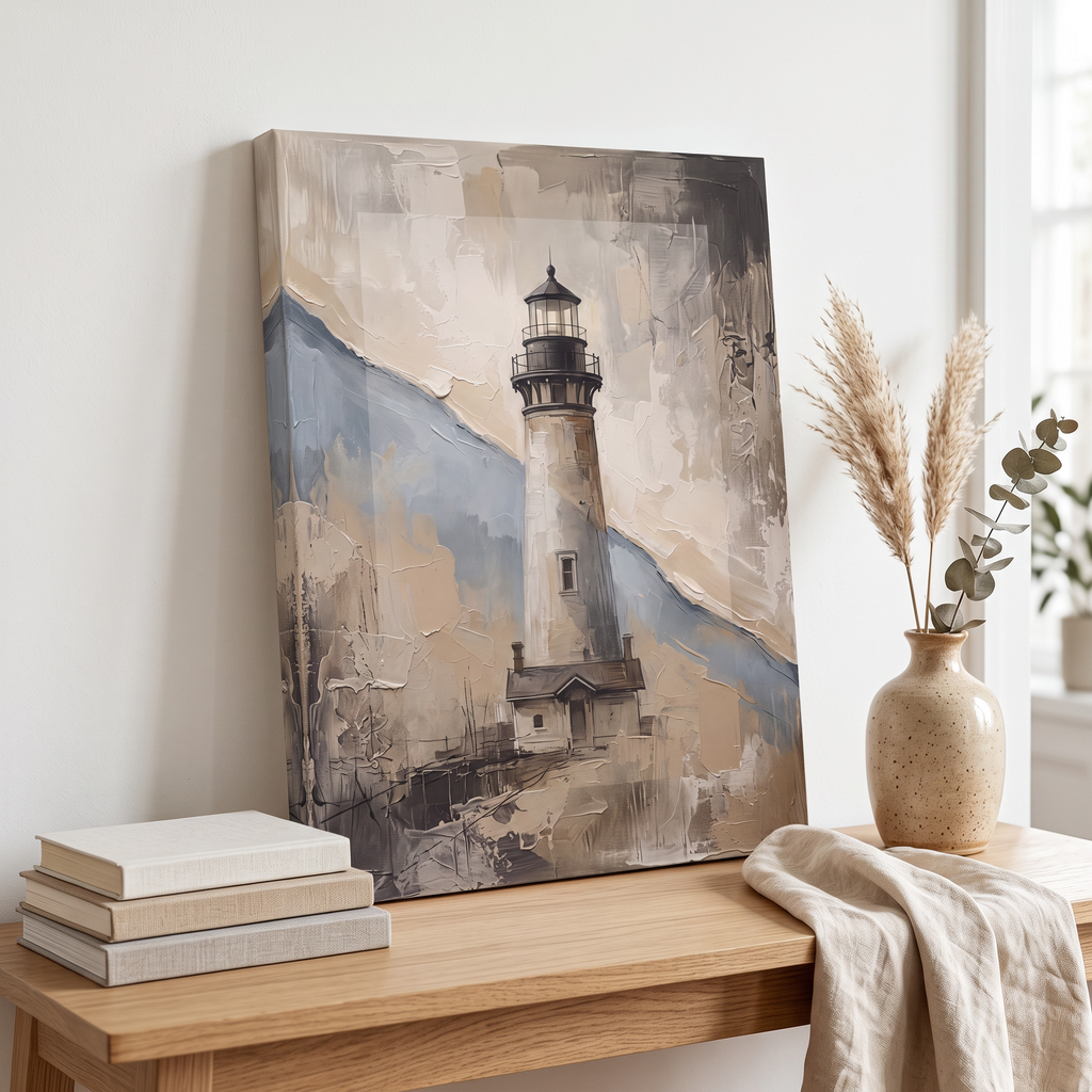 Lighthouse Beam at Dusk Canvas, Coastal Wall Art, Nautical Beach House Decor, Gift