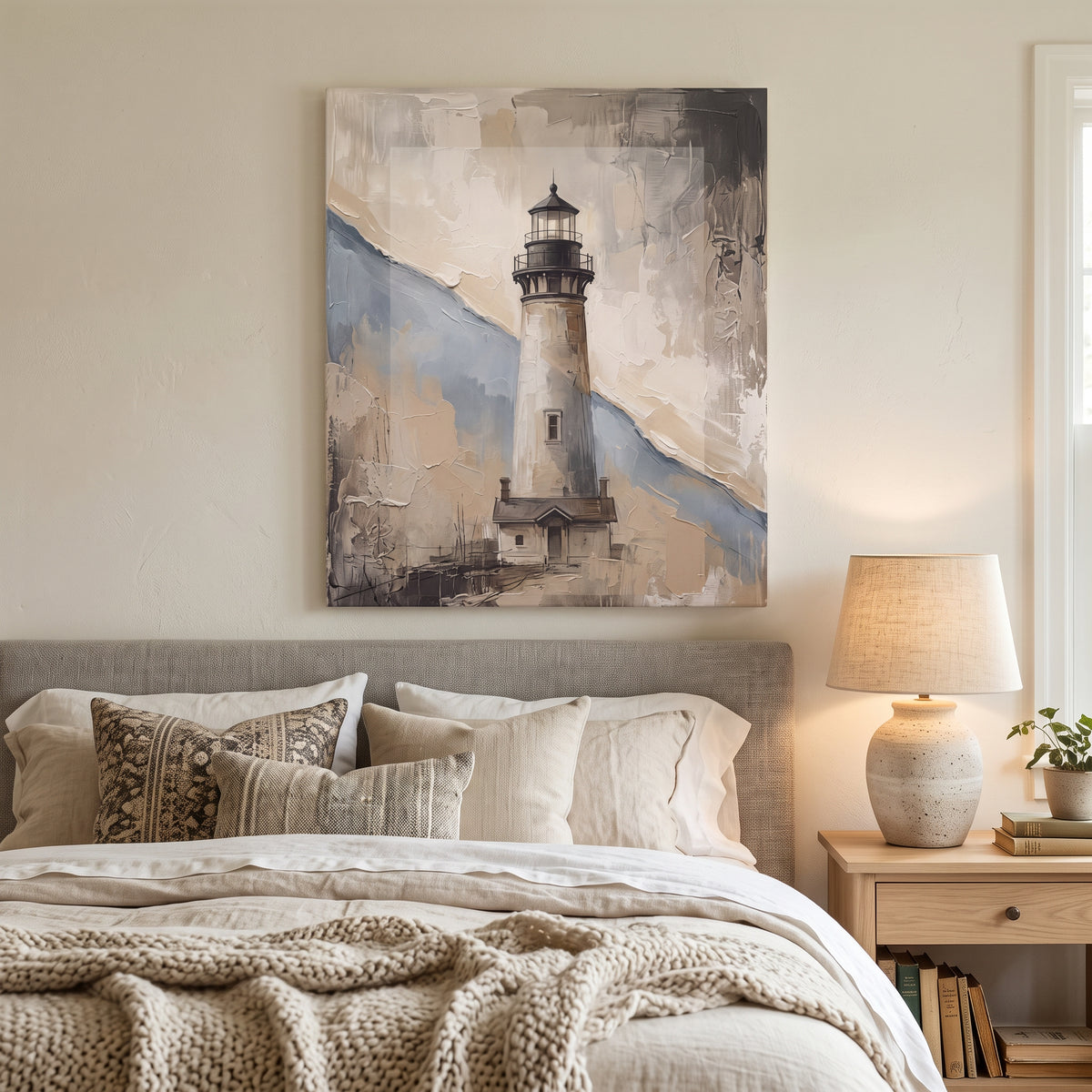 Lighthouse Beam at Dusk Canvas, Coastal Wall Art, Nautical Beach House Decor, Gift