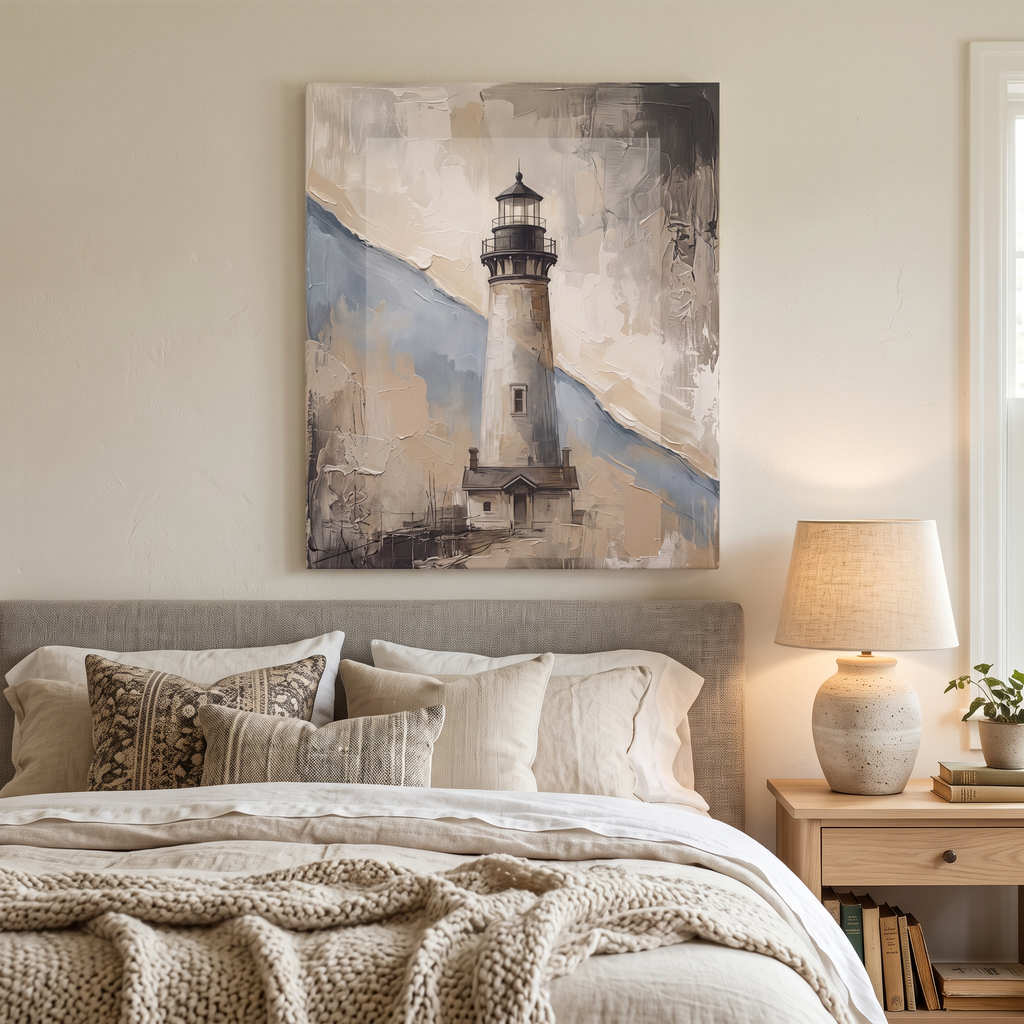 Lighthouse Beam at Dusk Canvas, Coastal Wall Art, Nautical Beach House Decor, Gift