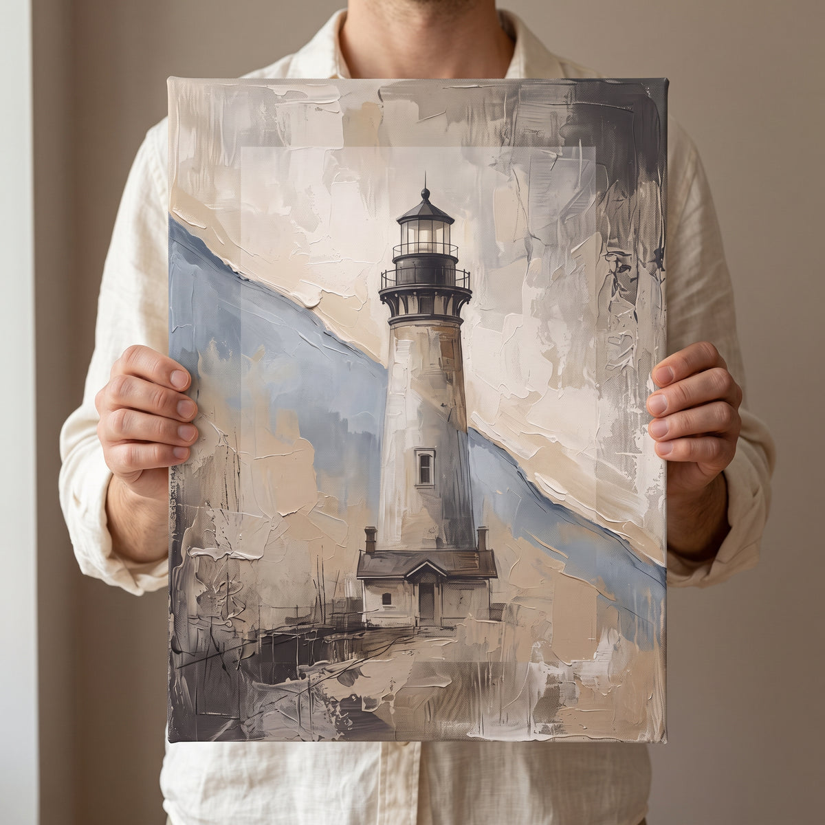 Lighthouse Beam at Dusk Canvas, Coastal Wall Art, Nautical Beach House Decor, Gift