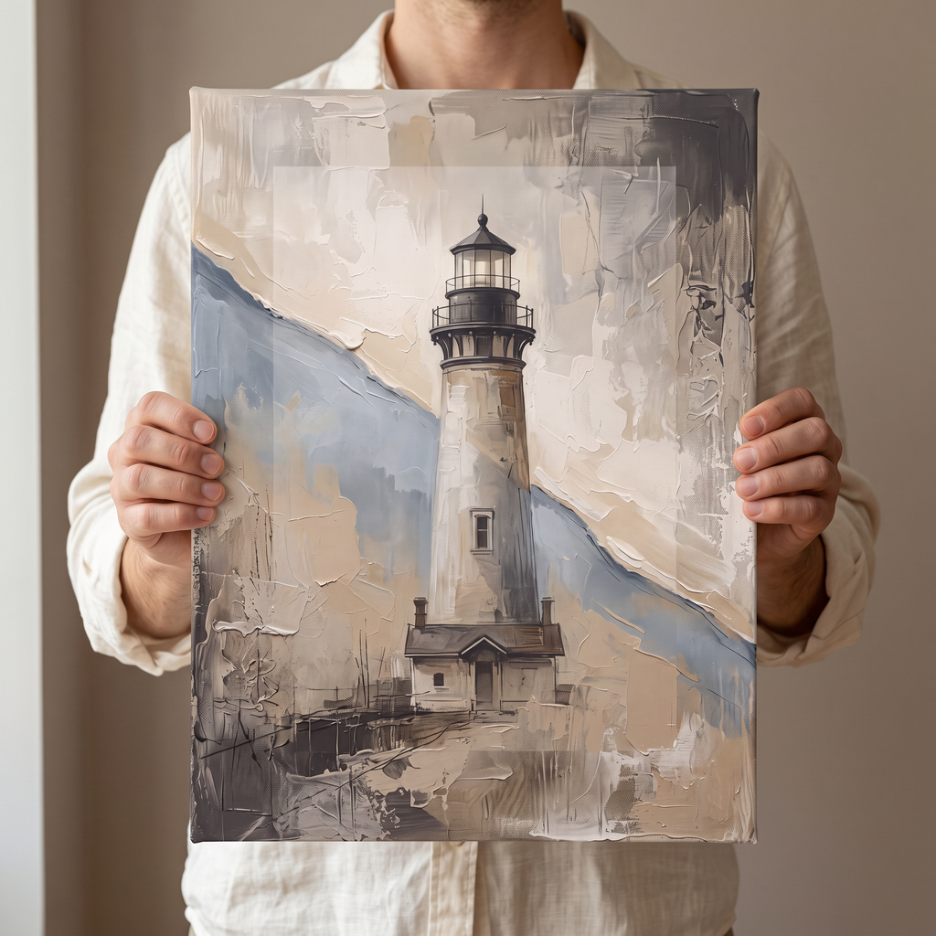 Lighthouse Beam at Dusk Canvas, Coastal Wall Art, Nautical Beach House Decor, Gift
