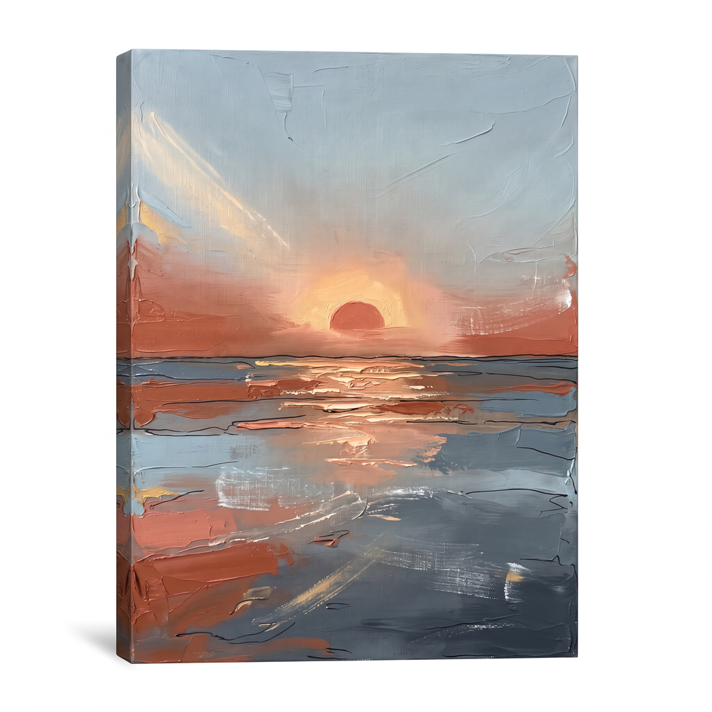 Horizon at Dusk Abstract Sunset Wall Art — abstract sunset wall art, coastal abstract wall art, canvas wall art shown on a wall in a styled interior, view C1 (s
