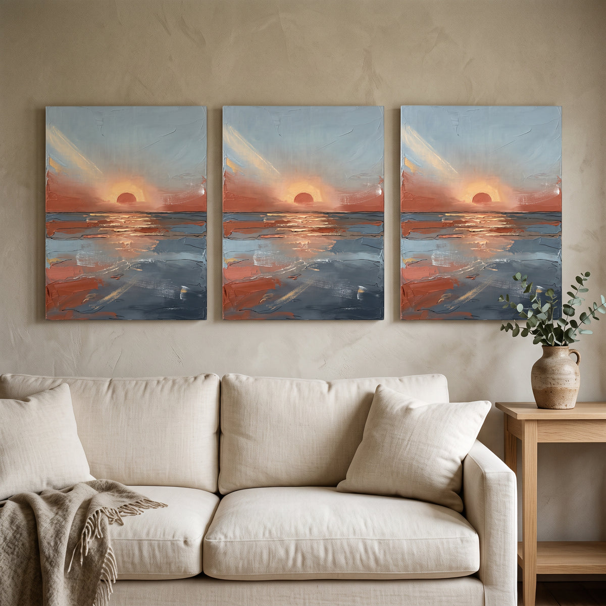 Horizon at Dusk Abstract Sunset Wall Art — abstract sunset wall art, coastal abstract wall art, canvas wall art shown on a wall in a styled interior, view C3 (s