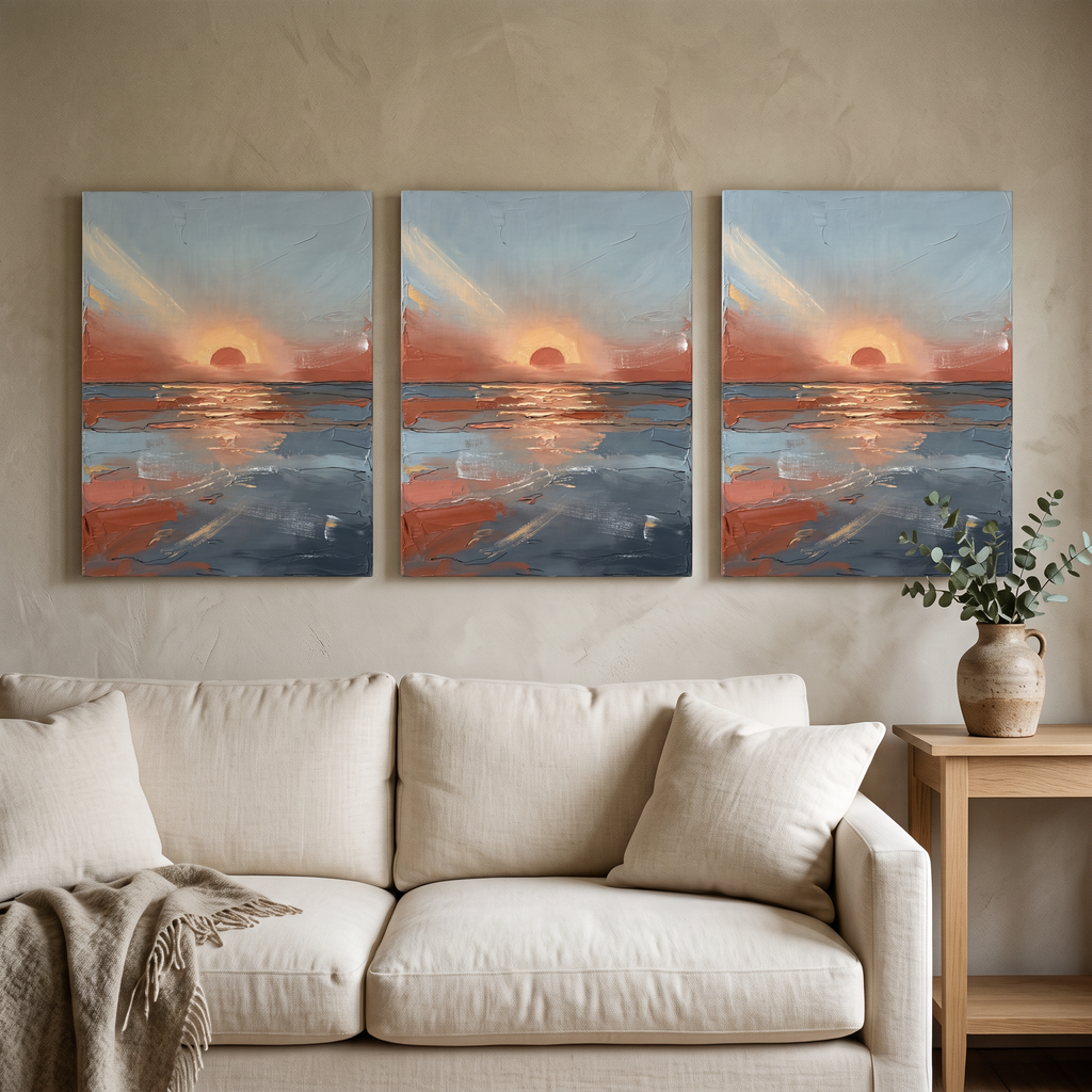 Horizon at Dusk Abstract Sunset Wall Art — abstract sunset wall art, coastal abstract wall art, canvas wall art shown on a wall in a styled interior, view C3 (s