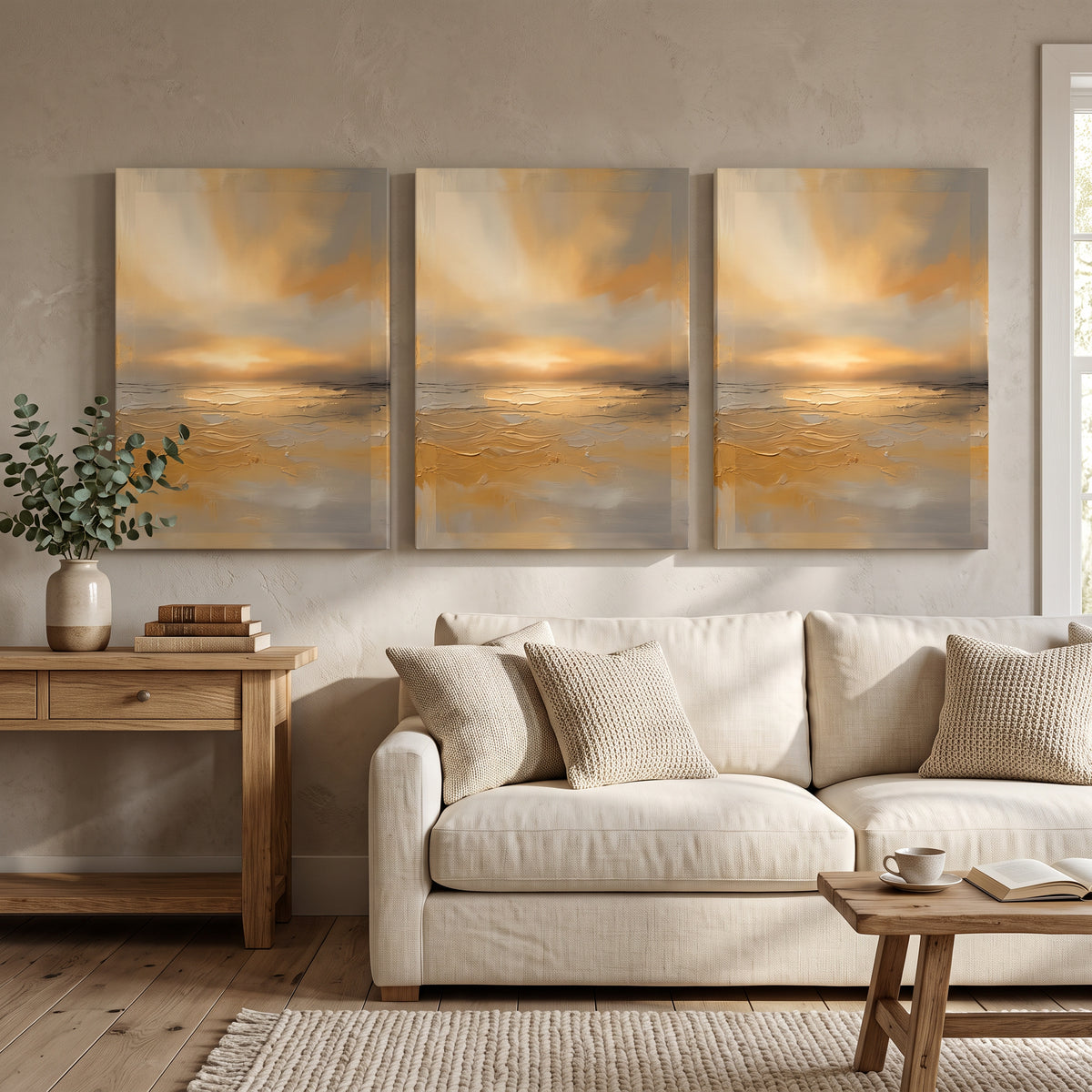 Golden Hour Horizon Canvas — canvas wall art, horizon, canvas wall art shown on a wall in a styled interior, view C3 (sunset coastal) | BloomWorld Art