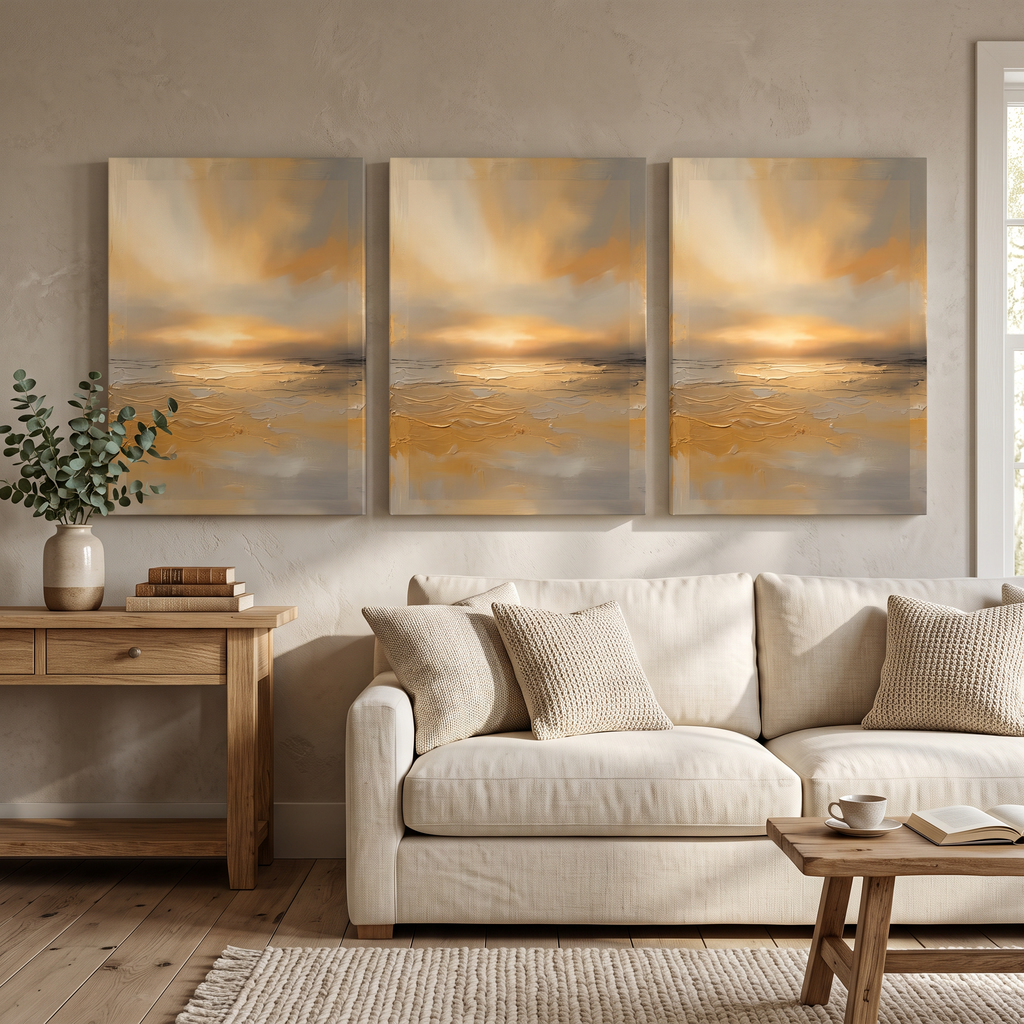 Golden Hour Horizon Canvas — canvas wall art, horizon, canvas wall art shown on a wall in a styled interior, view C3 (sunset coastal) | BloomWorld Art