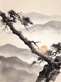 Ink Wash Pine Tree & Misty Mountains Printable, Japanese Zen Download