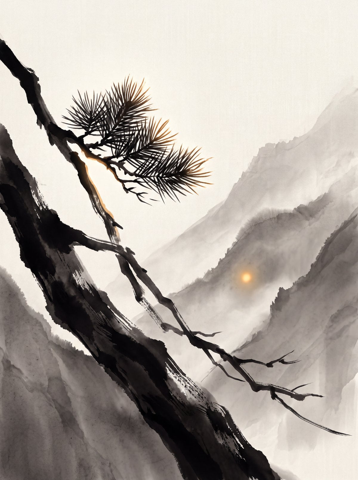 Ink Wash Pine Branch & Misty Mountains Printable, Japanese Zen Art