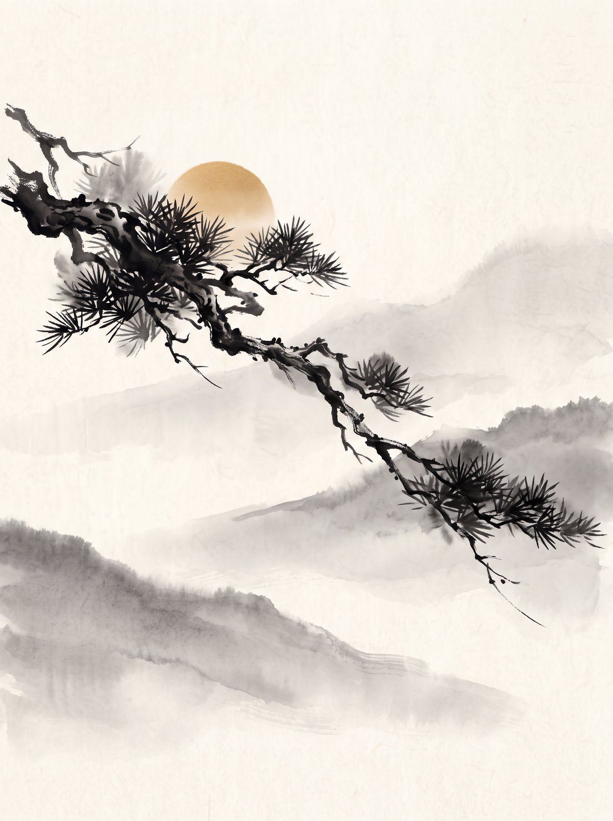 Japanese Pine Branch Ink Painting Printable, Zen Sumi-e Wall Art Download, Golden Sun & Misty Mountains