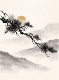 Japanese Pine Branch Ink Painting Printable, Zen Sumi-e Wall Art Download, Golden Sun & Misty Mountains