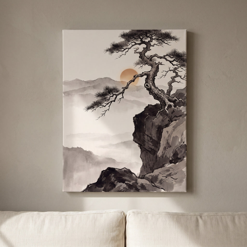 Sumi Ink Pine wall art in a living room